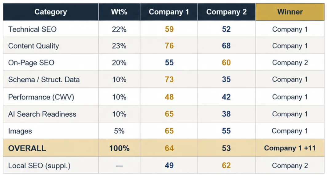 AI-visibility scorecard showing an 11-point lead over a competitor